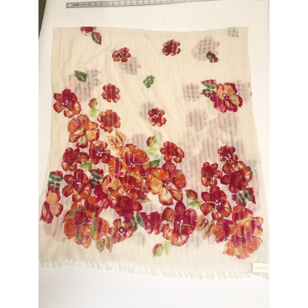 Anthropologie Scarf Womens Red Orange Floral Wool Sheer Fringe Sequins 31 X 72 - Picture 3 of 12